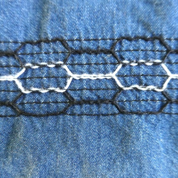 Lapis Denim Maxi Dress Prairie Tiered Puff Sleeves Embroidery Smocked Waist M - Picture 6 of 8